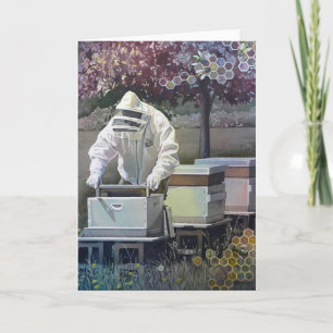 Beekeeper Tending Honey Bee Boxes Watercolor Art Karte