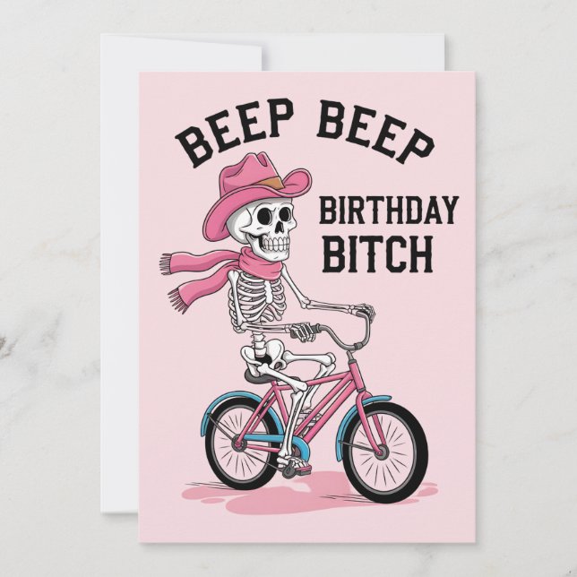 Beep Beep Birthday Funny Pink Skeleton Bike Einladung (Vorderseite)