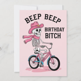 Beep Beep Birthday Funny Pink Skeleton Bike Einladung