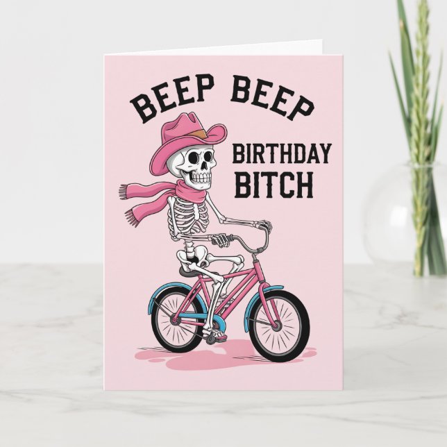 Beep Beep Birthday Funny Pink Skeleton Bike Karte (Vorderseite)