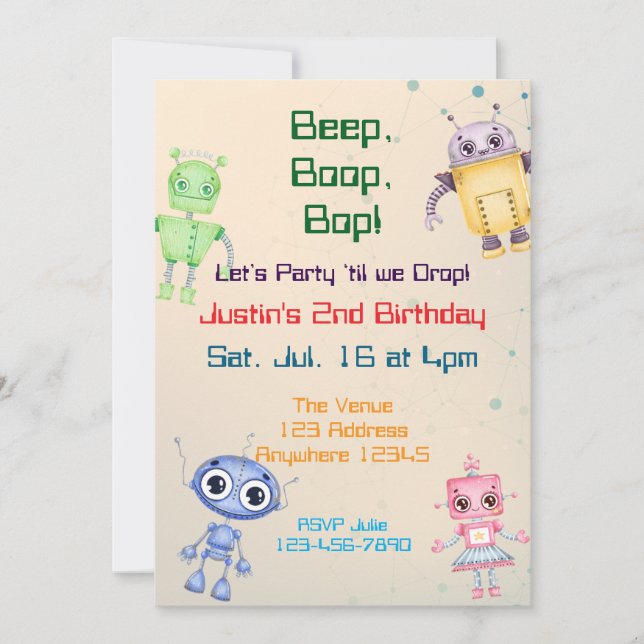 Beep Boop Bop Robot Birthday Einladung (Vorderseite)
