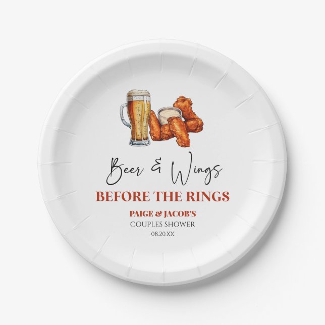 Beer and Wings Before The Rings Couples Shower Pappteller (Vorderseite)