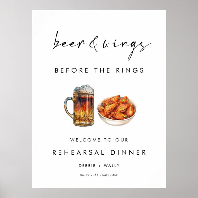 Beer and Wings Before the Rings Rehearsal Dinner Poster (Vorne)