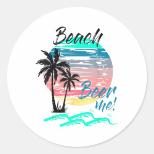 Beer Me Funny Drink Beach Retro Sunset Palm Tre Runder Aufkleber
