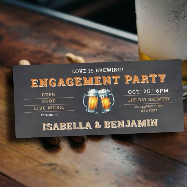 Beer Themed Brauerei Black Ticket Engagement Party Einladung (beer themed engagement party invitation brewery ticket black chalk board)