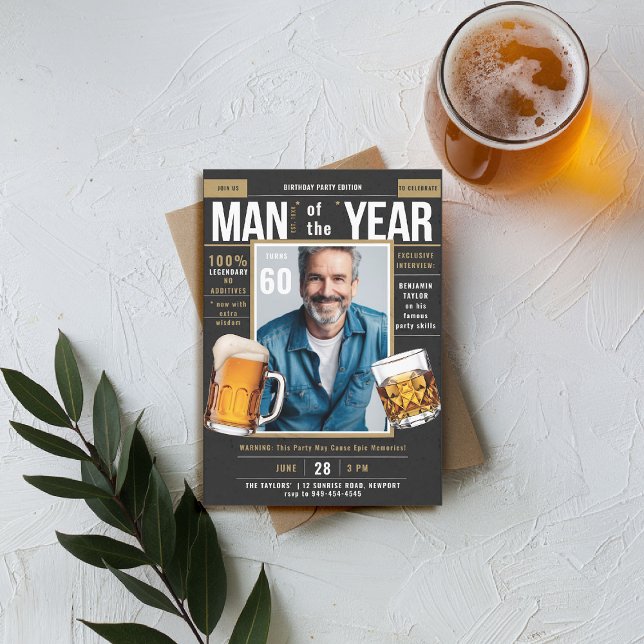 Beer Whiskey Magazine Funny Men Birthday Foto Einladung (men birthday party invitation beer whiskey magazine cover fun funny joke black gold backyard)