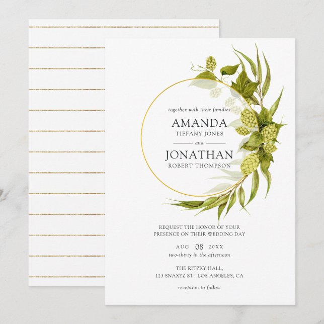 Beer Willow Greenery und Gold Geometric Wedding Einladung (Vorne/Hinten)