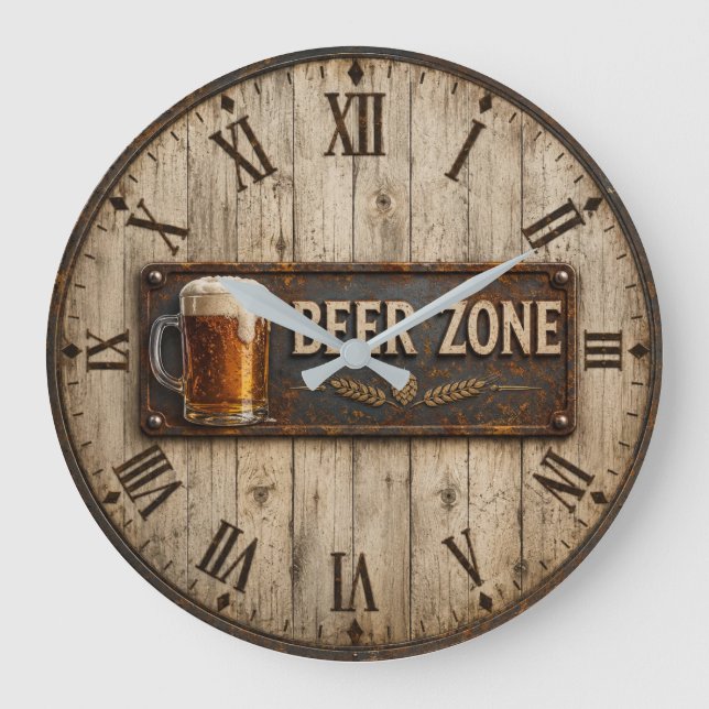 Beer Zone  Rustic Bar Vintage Pub Große Wanduhr (Vorderseite)