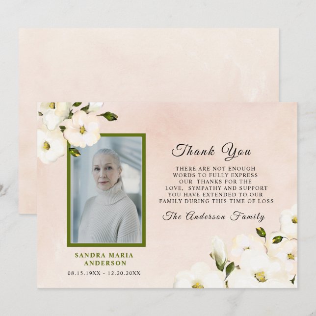 Beerdigung Aquarell Blumenrosa Foto Vielen Dank  Dankeskarte (Vorne/Hinten)