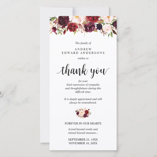 Beerdigung, Bereavement, Beileid Burgund Floral Dankeskarte (Vorderseite)
