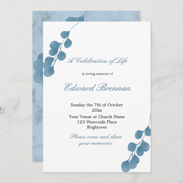 Beerdigung blauer Eukalyptus - Lebensfeier Einladung (Vorne/Hinten)