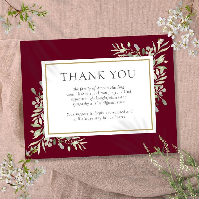 Beerdigung Burgund Greenery Danke Mitteilungskarte (Funeral Burgundy Greenery Thank You Note Card)