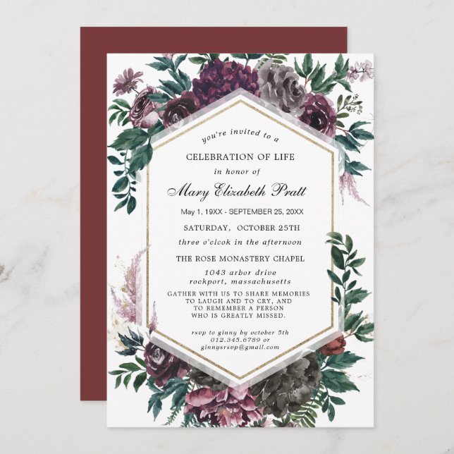 Beerdigung Burgund Rote Flora Feier des Lebens Einladung (Vorne/Hinten)