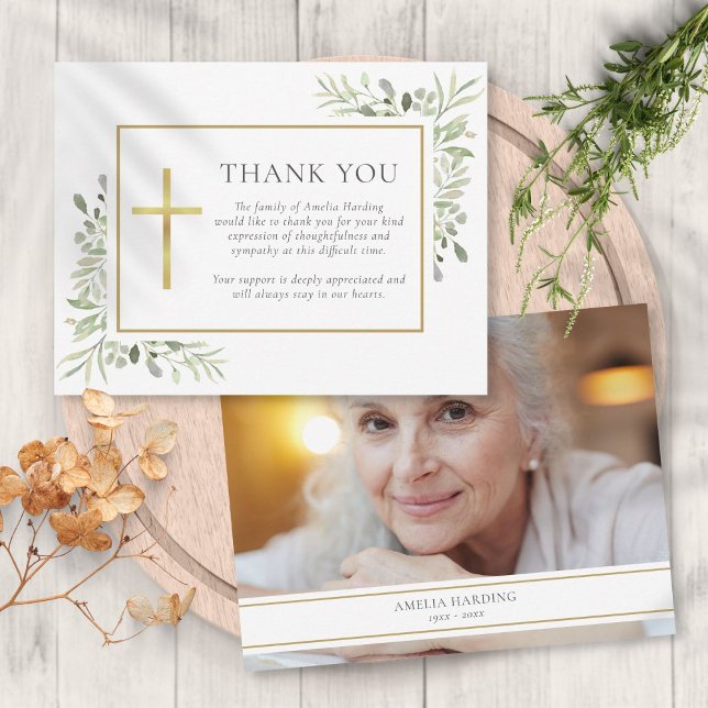 Beerdigung Christliches Foto Watercolor Grüne Dankeskarte (Funeral Watercolor Greenery Christian Photo Thank You Card)