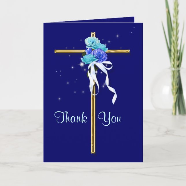 Beerdigung "Danke" blaues Gold religiös Dankeskarte (Vorderseite)