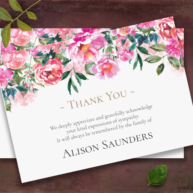 Beerdigung Dankeschön Karten | Aquarellfarbene ros (pink peonies sympathy bereavement memorial funeral thank you card)