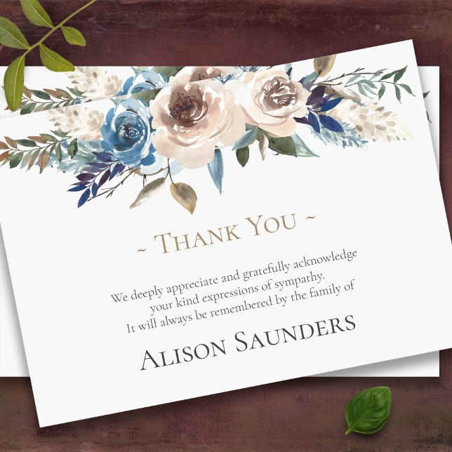 Beerdigung Dankeschön Karten | Beige und Blau (Beige and blue florals sympathy bereavement celebration of life funeral thank you cards)
