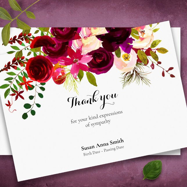 Beerdigung Dankeschön Karten | Crimson Floral (Watercolor floral memorial funeral thank you card, celebration of life)