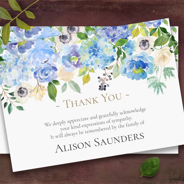 Beerdigung Dankeschön Karten | Serene Watercolor F (Blue Floral Sympathy In Loving Memory Funeral Thank You Card)