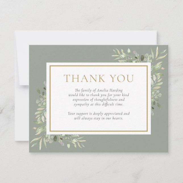 Beerdigung des Lebens durch Aquarellgrüne Dankeskarte (Vorderseite)