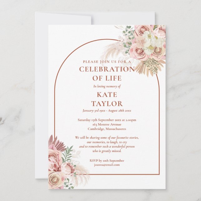 Beerdigung des Lebens Pampas Grass Floral Einladung (Vorderseite)