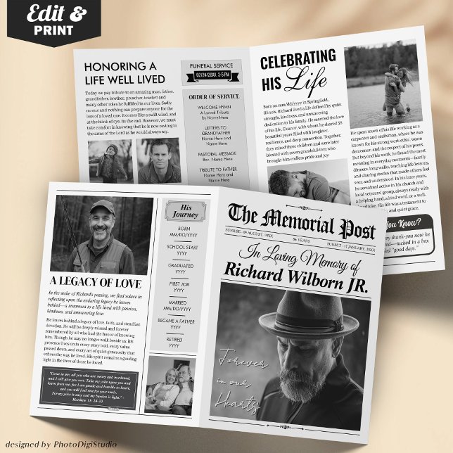 Beerdigung des Programms zur Begehung der Lebensze Karte (Custom Funeral Program Newspaper, Celebration of Life Newspaper 4 page Card template and print)