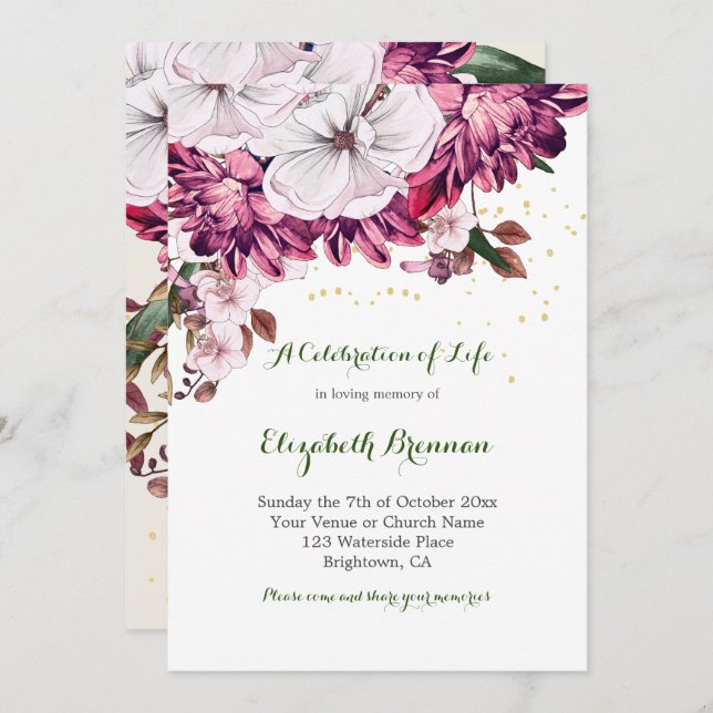 Beerdigung Elegant Burgund Floral Einladung (Vorne/Hinten)