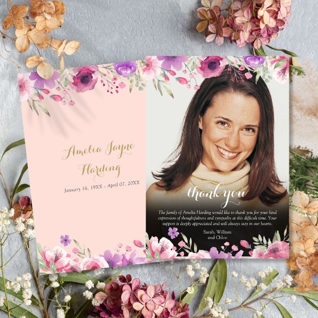 Beerdigung Foto Blumenrot Rosa Dankeskarte (Funeral Photo Floral Blush Pink Thank You Card)