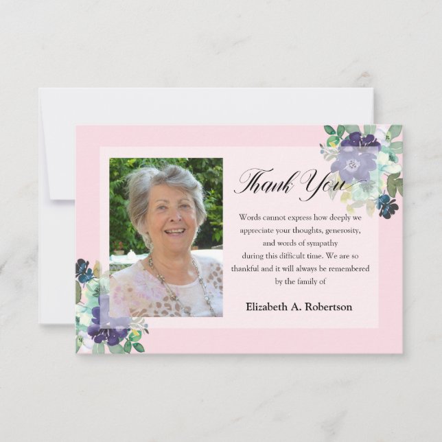 Beerdigung Foto Danke Purple Blumen auf Pink (Vorderseite)
