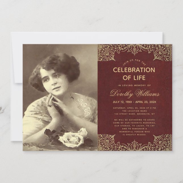 Beerdigung Foto Feier des Lebens Burgund Gold Einladung (Vorderseite)