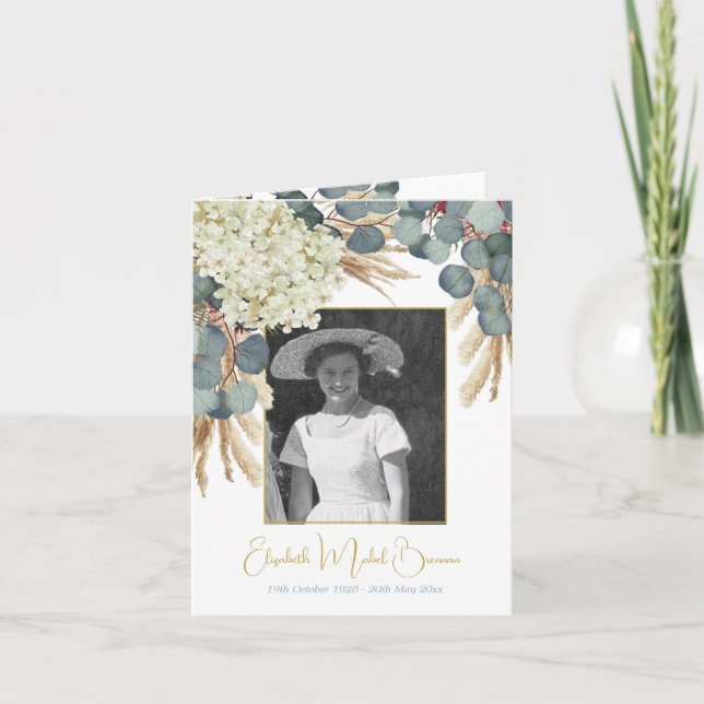 Beerdigung Foto floral Elegant Eukalyptus Foliage Einladung (Vorderseite)