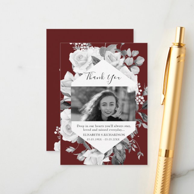 Beerdigung Foto Gedenkstätte floralen Rot Danke Ka Begleitkarte (Vorderseite/Rückseite Beispiel)