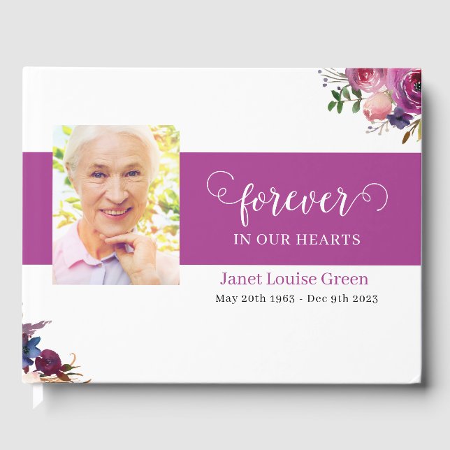 Beerdigung Gästebuch mit Lila Aquarellfarben-Blume (Vorderseite)