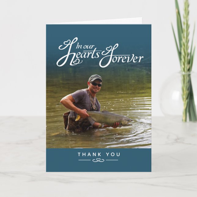 Beerdigung in unserem Herzen blaues aquamarines Fo Dankeskarte (Vorderseite)