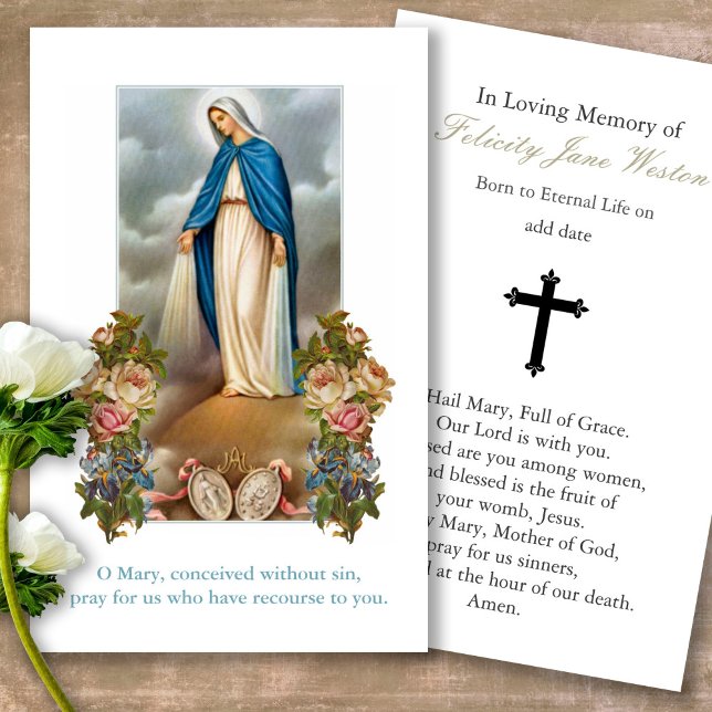 Beerdigung Jungfrau Mary Medal Gebet Sympathie Kar (catholic, religious, celebration of life, in loving memory of, prayer cards for bereavement)