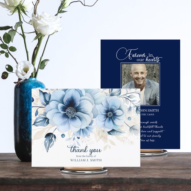 Beerdigung Liebe Erinnerung Blue Navy DANK | FOTO Karte (Funeral In Loving Memory Blue Navy THANK YOU with PHOTO. Watercolor flowers.)