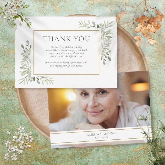 Beerdigung Memorial Watercolor Foliage Foto Dankeskarte (Funeral Memorial Watercolor Foliage Photo Thank You Card)