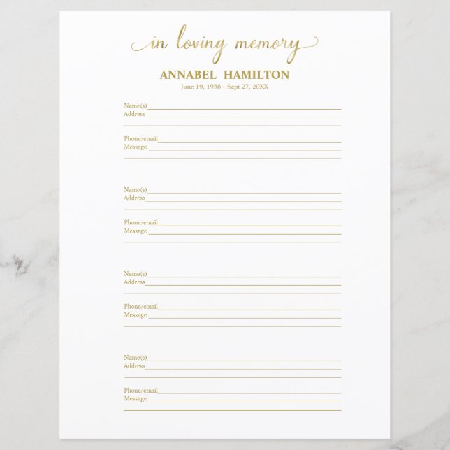 Beerdigung oder Gedenkbuchseite (Vorderseite)