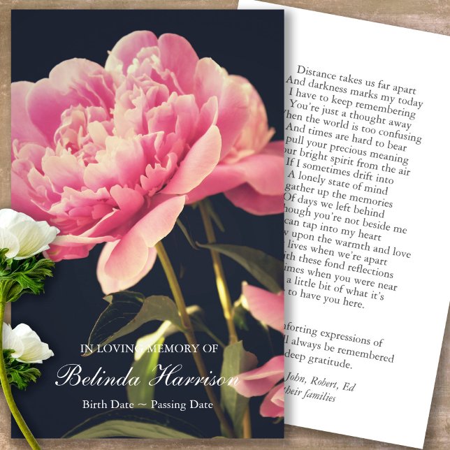 Beerdigung Pink Peony Memorial Gebet Sympathiekart (Forever in our hearts, celebration of life, in loving memory of, prayer cards for bereavement)