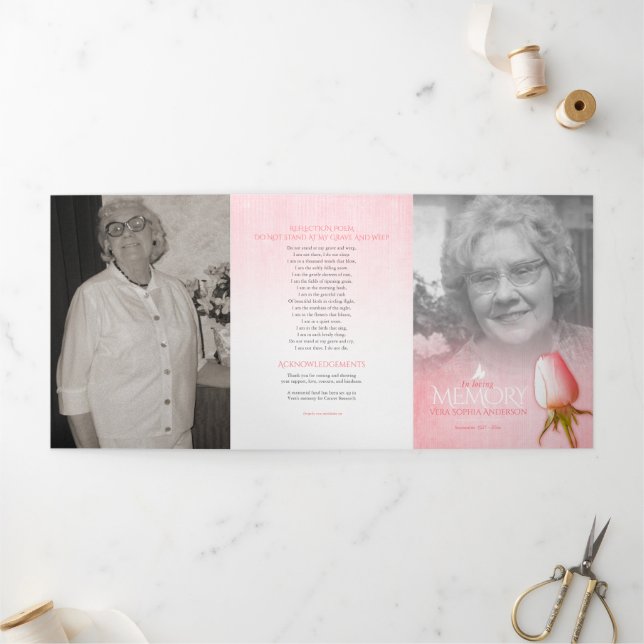 Beerdigung Programmreihenfolge Rosa Rosa Rosa Dreifach-gefaltete Programmkarte (Außenbereich)