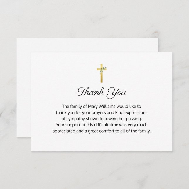 Beerdigung Religious Memorial Gold Cross Vielen Da Dankeskarte (Vorne/Hinten)