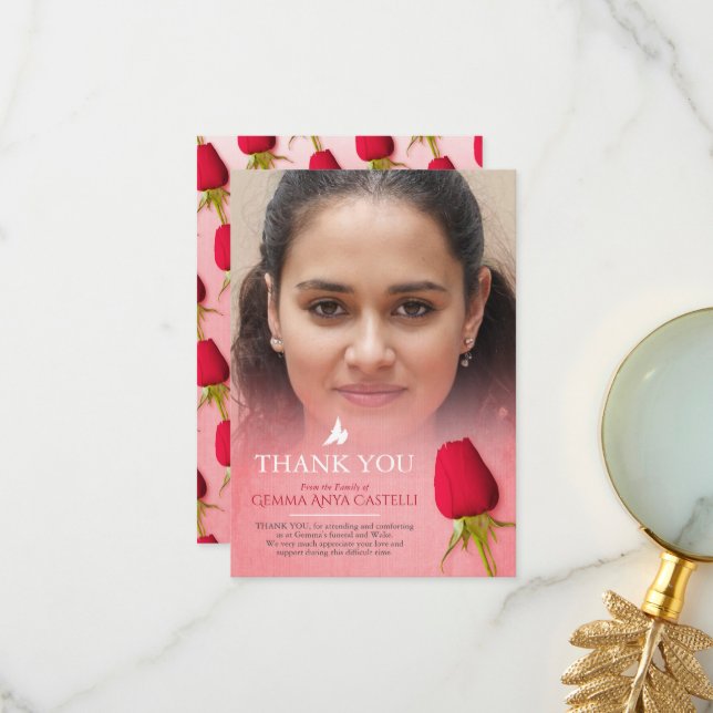 Beerdigung rote Rose Foto Familie danke Karte (Vorderseite/Rückseite Beispiel)