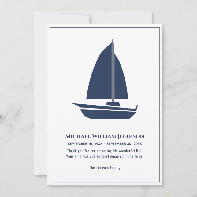 Beerdigung Sailboat Segelboot Nautical Blue White Dankeskarte (Vorderseite)