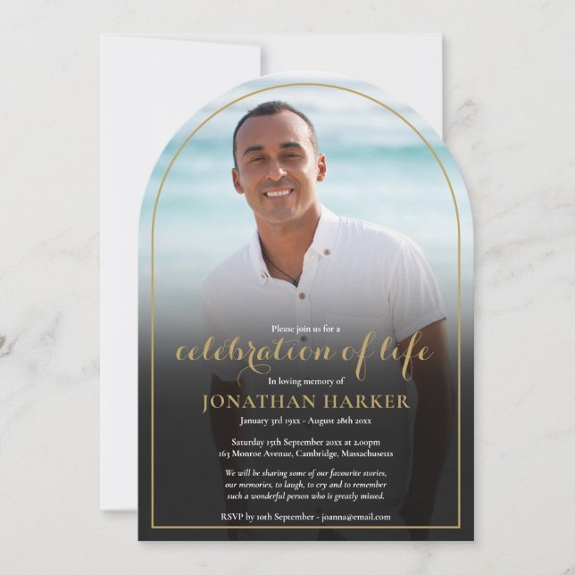 Beerdigung von Gold Arch Foto Feier des Lebens Einladung (Vorderseite)