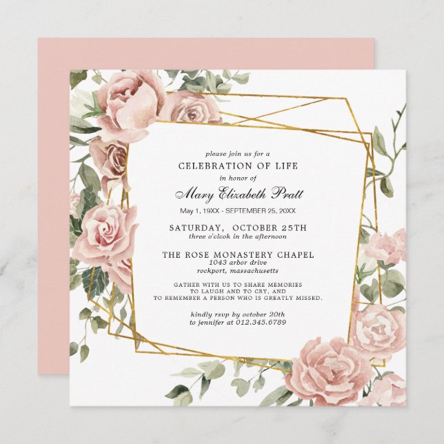 Beerdigung von Lebensbeerdigung Gedenkstätte Rosa  Einladung (Vorne/Hinten)