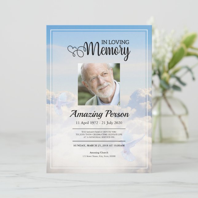 Beerdigung von Tauben und Himmel Einladung (Stehend Vorderseite)