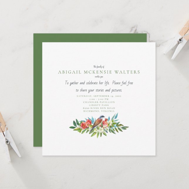 Beerdigung von Vögeln und Granatapfel - Lebensfeie Einladung (Vorderseite/Rückseite Beispiel)