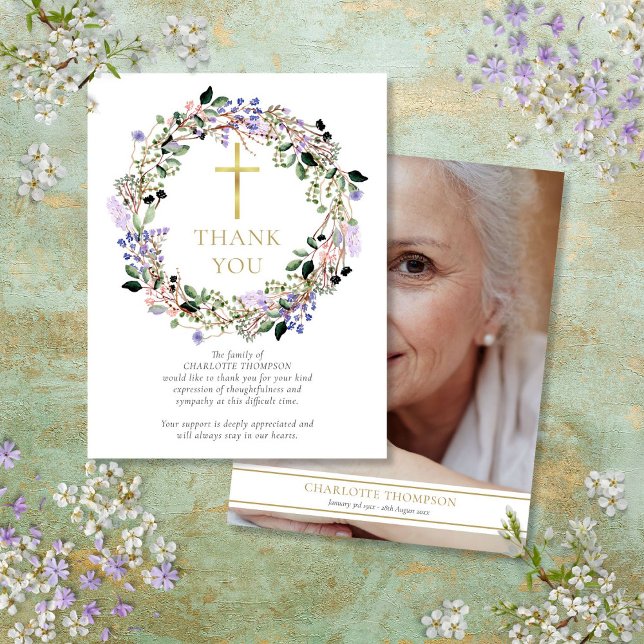 Beerdigungsdenkmal Lavendel Christliches Foto Dankeskarte (Funeral Memorial Lavender Floral Christian Photo Thank You Card)