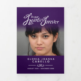 Beerdigungsprogramm in unseren Herzen dunkel lila Dreifach-gefaltete Programmkarte