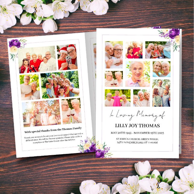 Beerdigungsprogramm mit Lila und cremefarbenen Blu (Funeral Program with Purple & Cream Watercolor Flowers and a photo collage on the front & back)